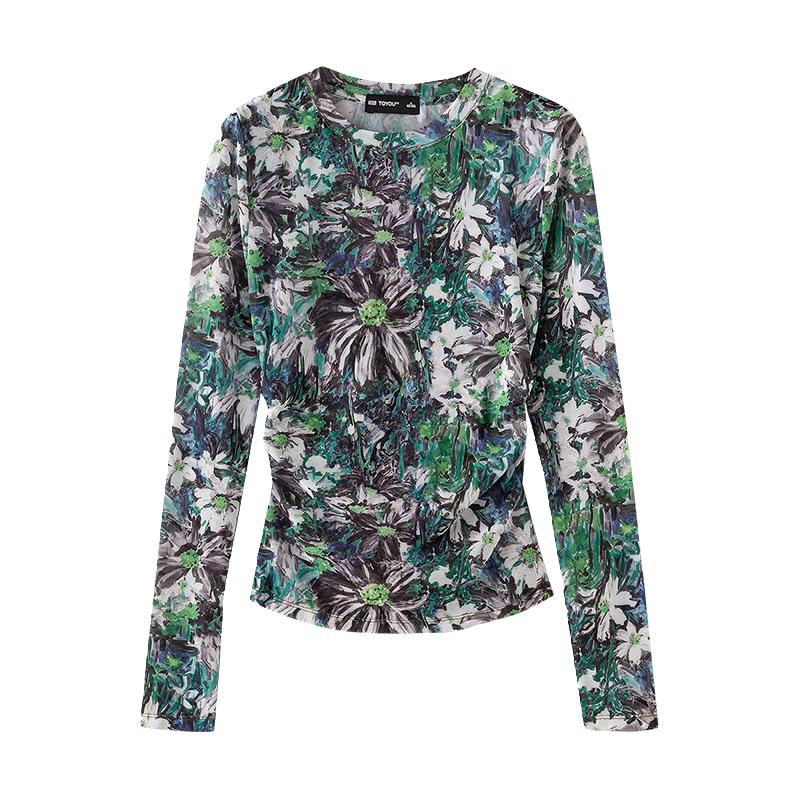 初语网纱印花皮肤衣T恤女2026春季时髦小众收腰美式辣妹上衣 油画绿 L