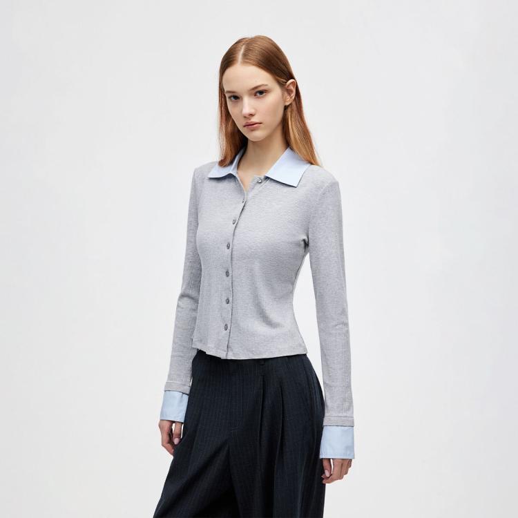 ONLY 【长袖T恤】2025冬季衬衫拼接领口设计翻领正肩打底衫T恤女