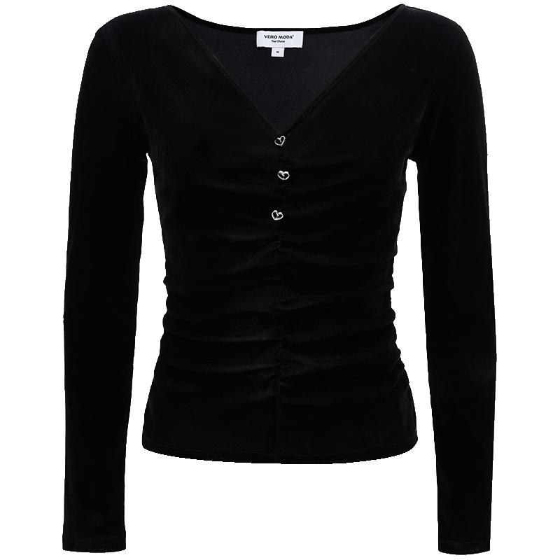VERO MODA 【v领领型】冬T恤女丝绒质感心型纽扣褶皱设计修身长袖T恤