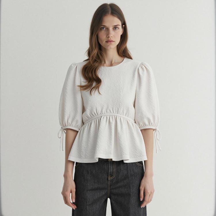 ZARA 女式百搭露背蓬松提花蝴蝶结圆领衬衫