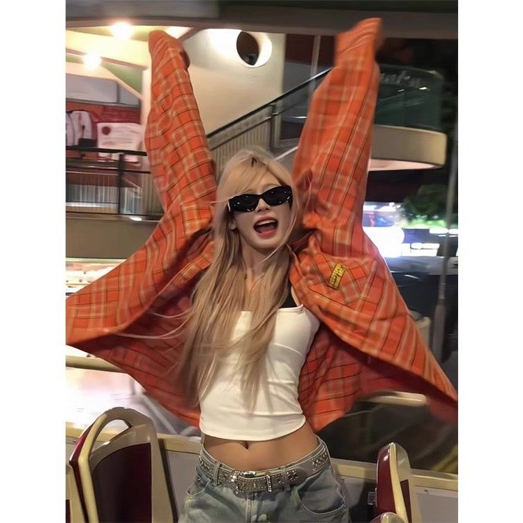 原创美式复古格纹长袖衬衫夏日男女高街中性风宽松百搭款休闲衬衣