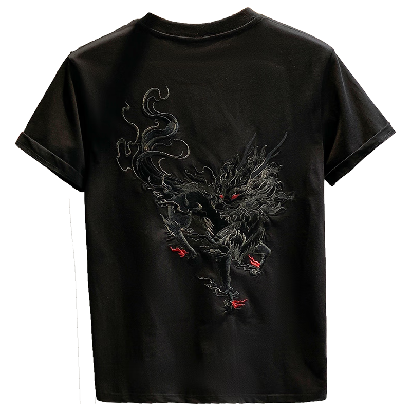 得芊逸欧货潮牌国潮重工麒麟刺绣高级感轻奢男T恤短袖半袖体恤 黑色 4XL(160-180斤内)