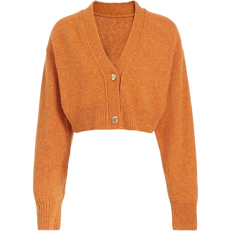 欧时力 春装 V领短款针织外套女毛衣落肩慵懒软糯