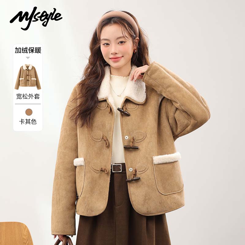 MJ STYLE麂皮羊羔绒外套女2026冬季时尚复古防风保暖百搭翻领夹克上衣