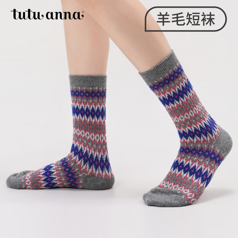 tutuanna秋冬女士羊毛袜 彩色条纹加厚保暖舒适羊毛中筒袜子女 25410191 骆驼色 条纹 1双 均码 22~24cm（适合34-39码）