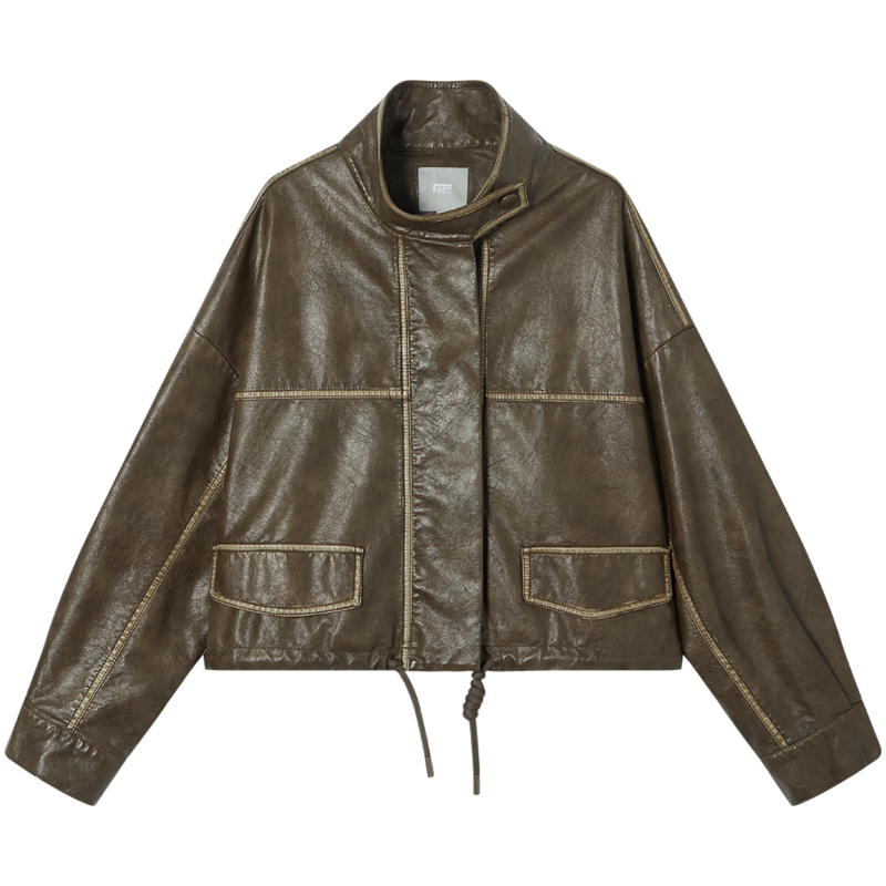 对白设计感抽绳PU皮短外套女2025秋季小个子时髦立领皮衣夹克 琥珀棕 XL