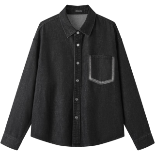 gxgjeans 真五折 美式复古撞色口袋时尚宽松牛仔衬衫 黑灰