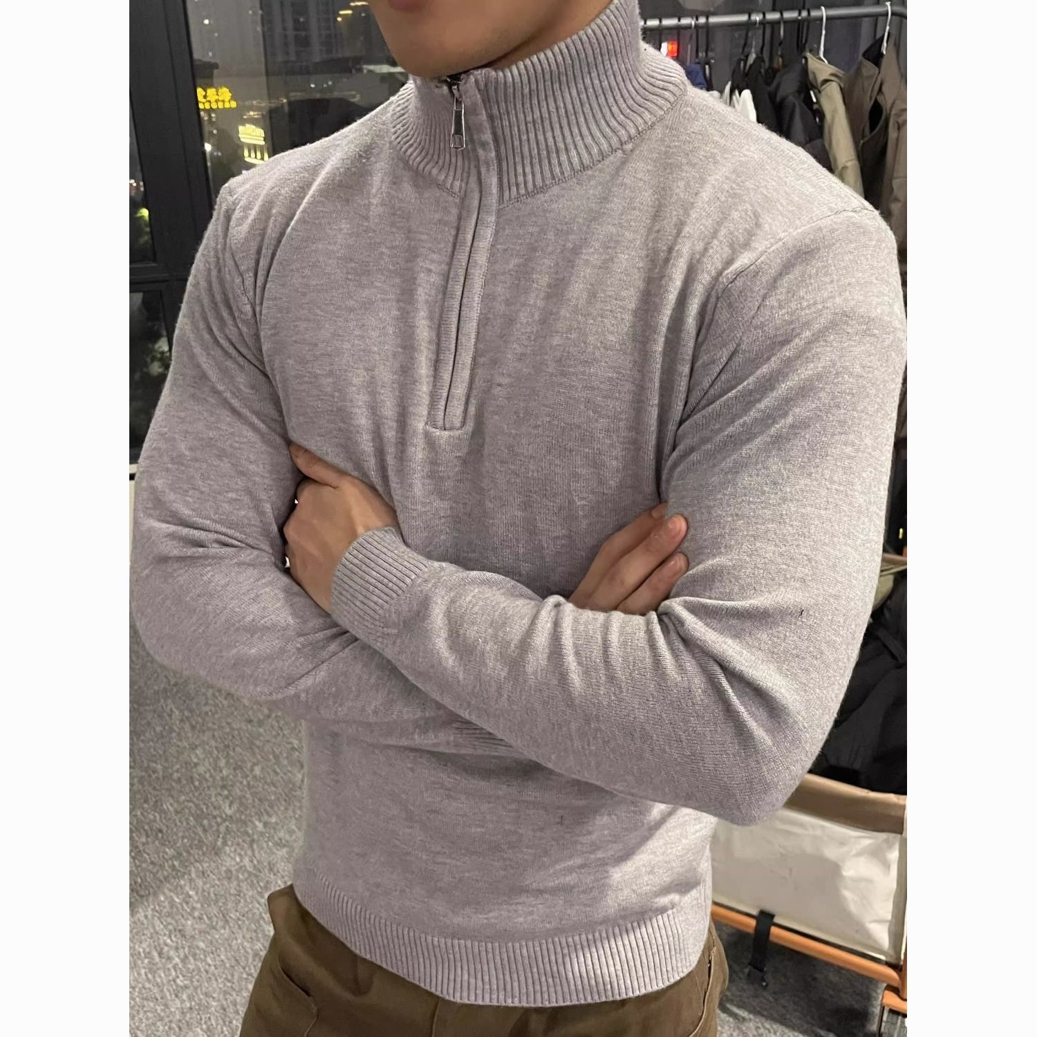 秋冬美式加厚半拉链毛衣帅气立领套头休闲针织衫保暖长袖外套