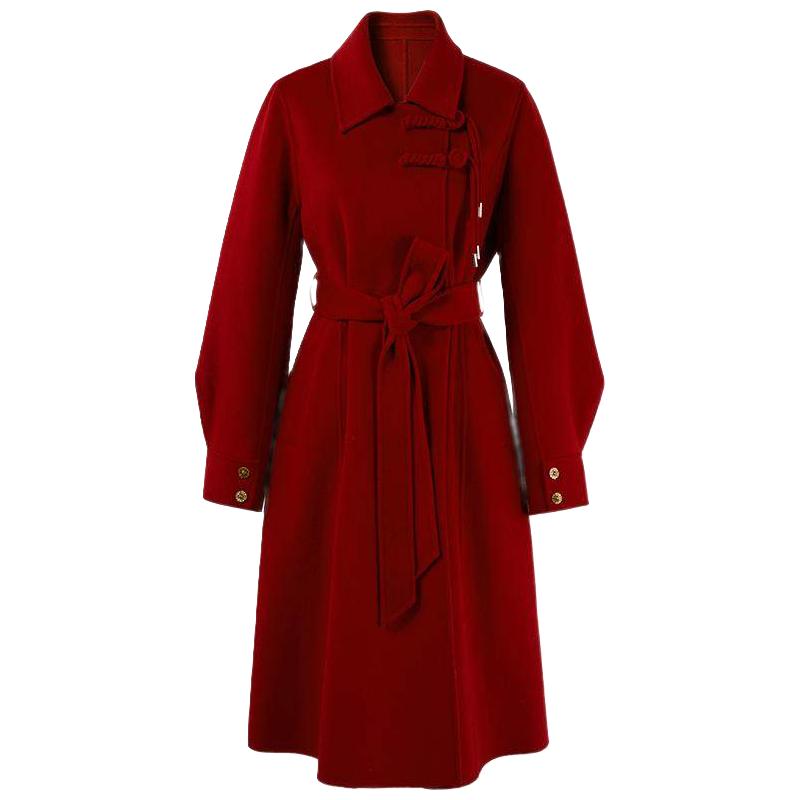 秋水伊人红色国风新中式双面羊毛大衣毛呢外套女长款