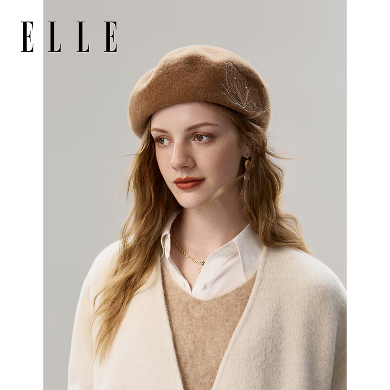 ELLE100%绵羊毛贝雷帽女秋冬季时尚百搭蝴蝶刺绣蓓蕾画家帽显脸小