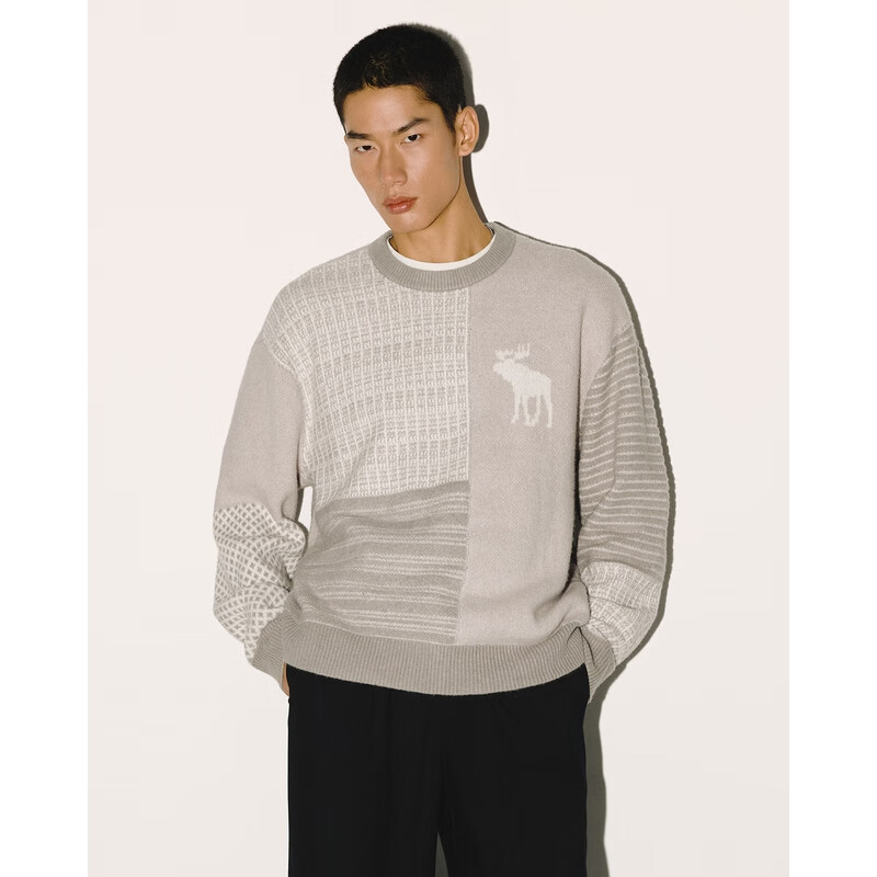 Abercrombie & Fitch经典大麋鹿图案美式保暖经典套头毛衣针织衫25秋冬男装120-5181 灰色图案 M (180/100A)
