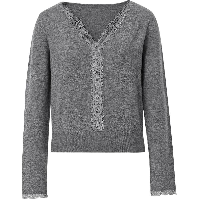 红袖 2025秋季女装Y字睫毛蕾丝拼接正肩长袖V领短款针织上衣