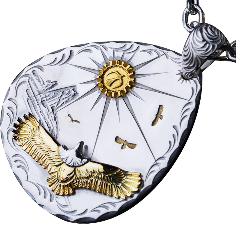 凡丘珠宝 Goro's高桥吾郎银饼吊坠套链 925银16射线项链复古做旧潮流机车余文乐同款项坠套装 配3.5連 子K18點金款