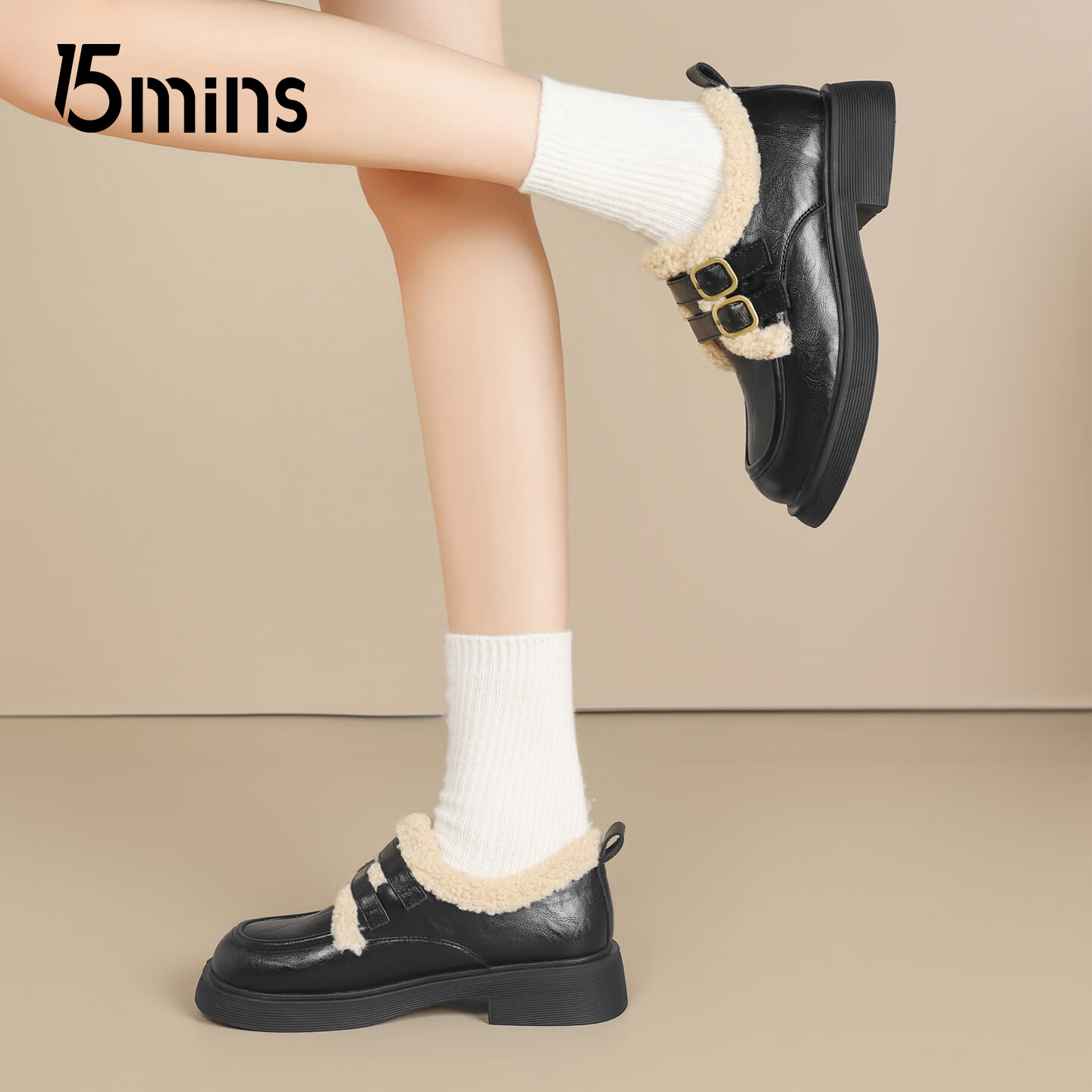 15MINS乐福鞋女2025秋冬加绒加厚增高英伦风小皮鞋一脚蹬便捷通勤女 Y551005-D2384BQ5黑色 37