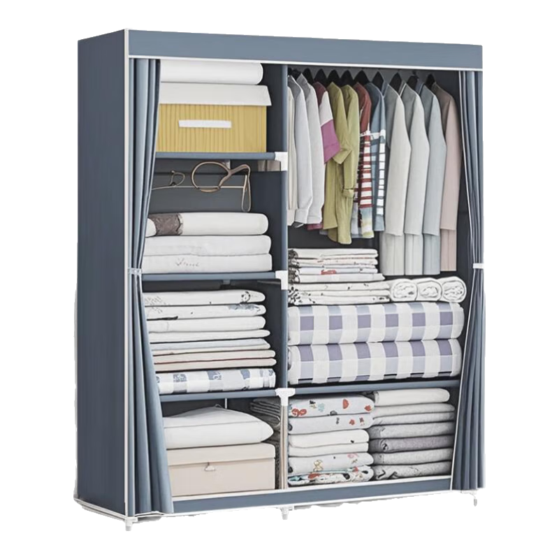 索尔诺 布衣柜简易衣柜宿舍卧室寝室钢架衣橱加固出租房防尘收纳布衣柜 1321银灰色【长90*高166】