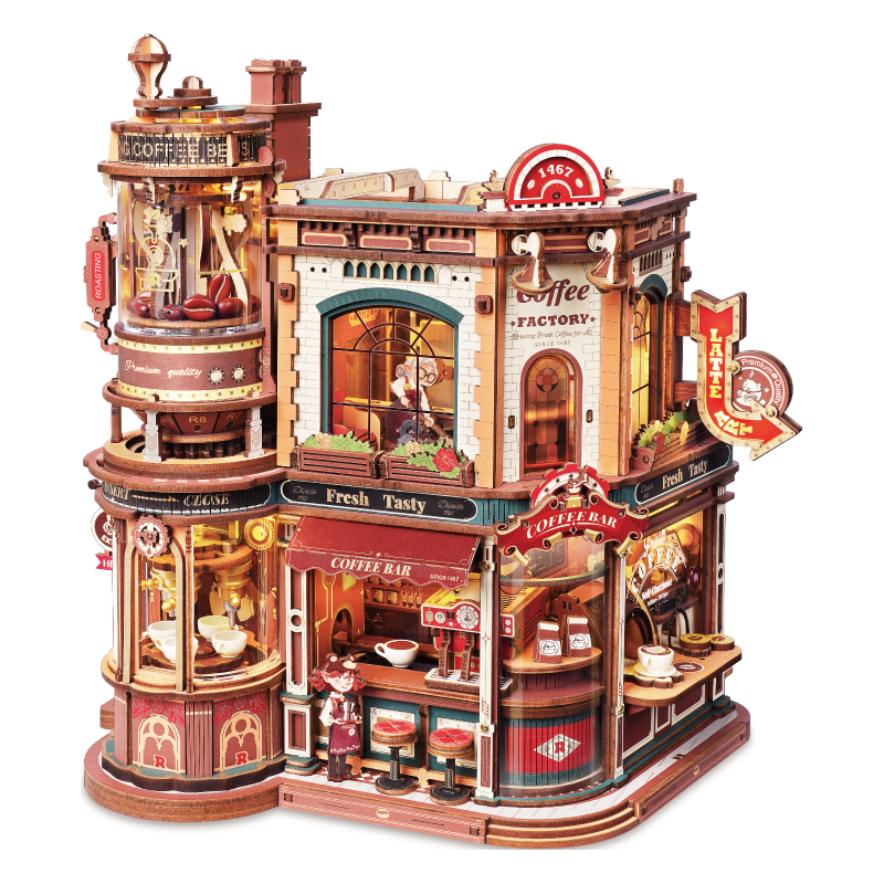 若客（ROKR）咖啡工厂 积木玩具立体拼图diy手工拼装模型八音盒新年生日礼物