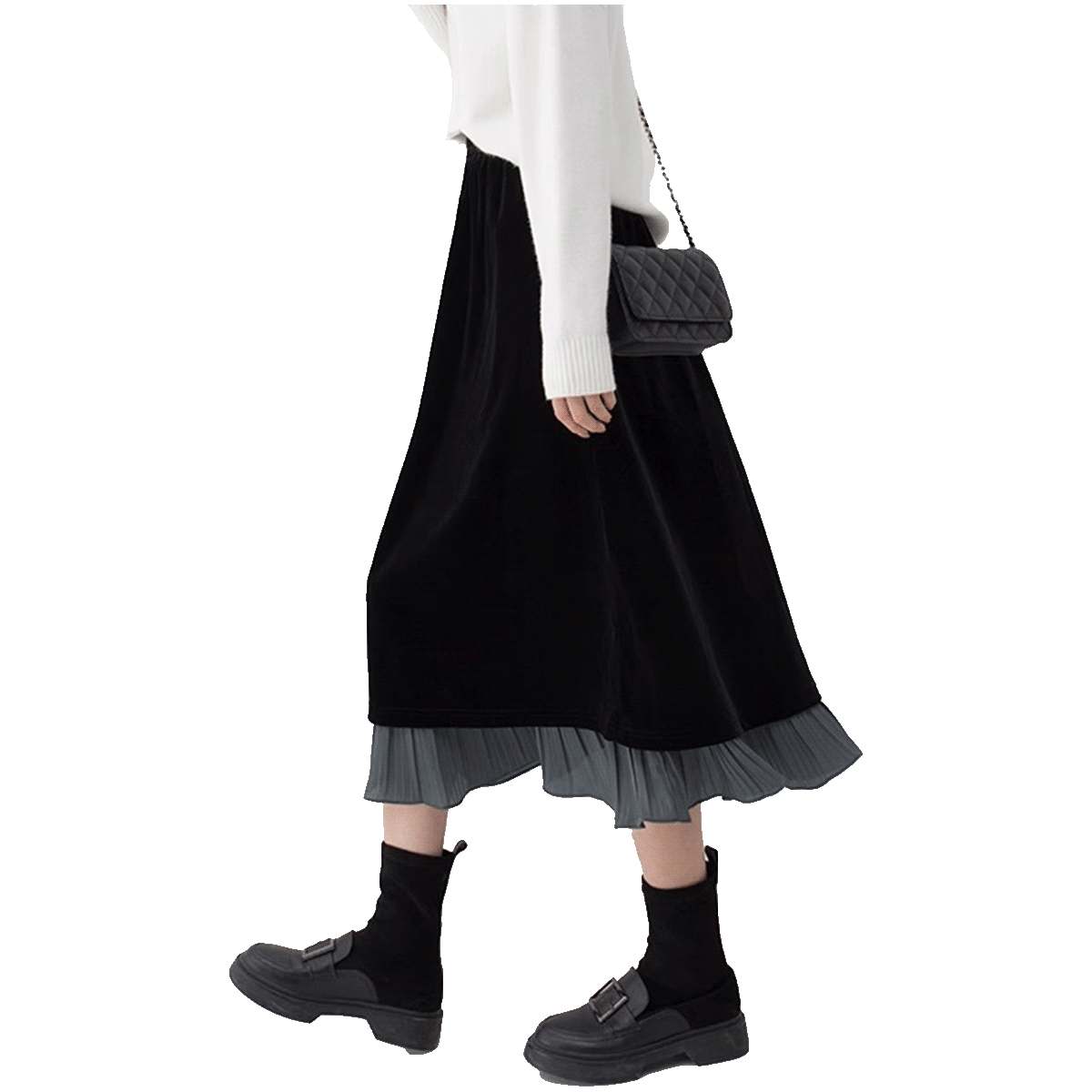 ICE 设计感中长款半裙气质洋气半身裙2025秋冬款金丝绒拼压褶裙子