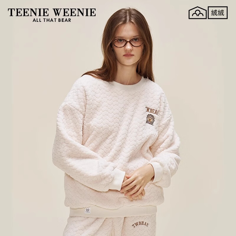 Teenie Weenie小熊肌理绒套头睡裙加绒加厚保暖家居服睡衣女秋冬季 米白(睡衣套装) S
