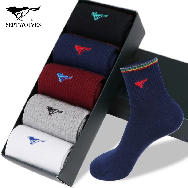 七匹狼袜子男纯棉秋冬季休闲男袜中高筒袜子时尚男袜吸汗透气棉袜 纯棉厚款运动男袜 混色 5双