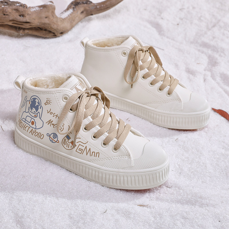 人本加绒鞋2025秋冬小白鞋保暖帆布鞋百搭休闲鞋平底板鞋棉鞋女鞋