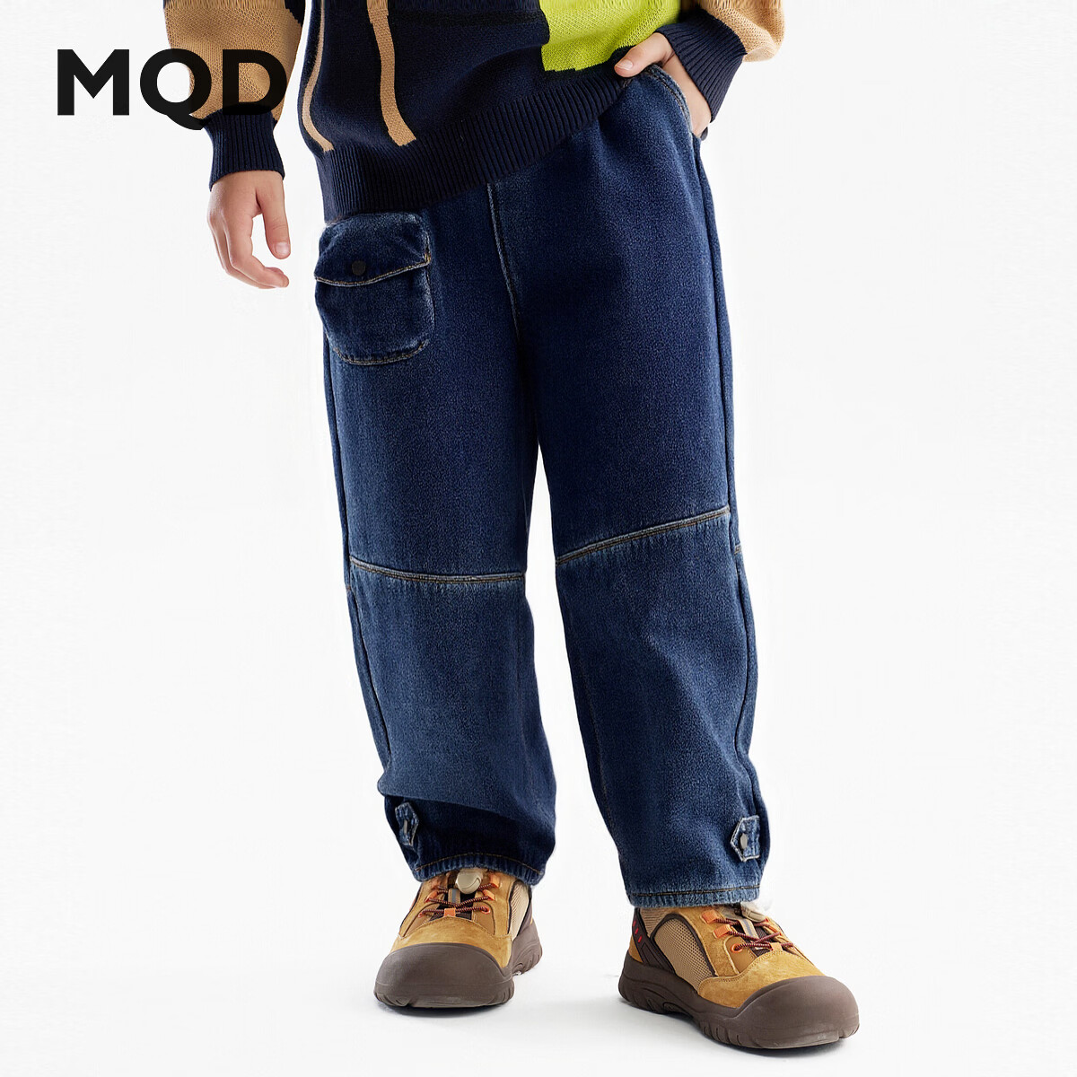 马骑顿【蓄暖】MQD童装男童牛仔裤25冬儿童加绒保暖工装降落伞裤潮 深牛仔蓝 140