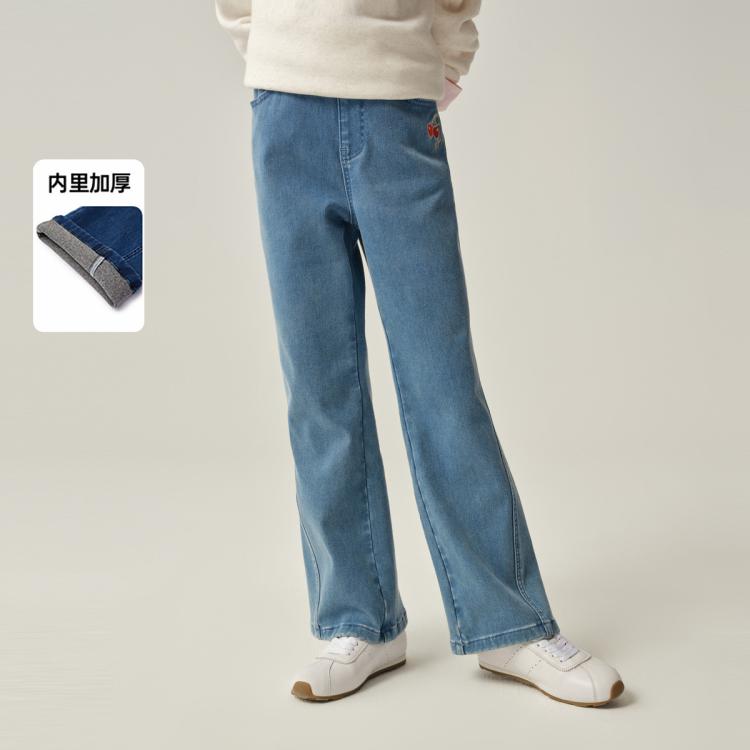 E-LAND KIDS 【加厚】衣恋童装女童裤子25年秋季休闲微喇裤刺绣牛仔裤