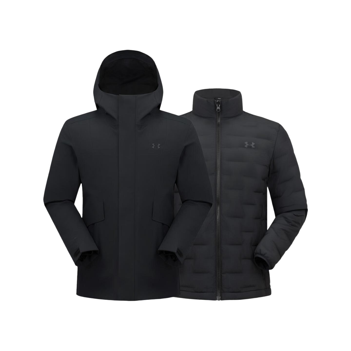 安德玛户外鹅绒冲锋衣防水 男士徒步登山防风保暖三合一夹克外套男 漫暮黑 2XL