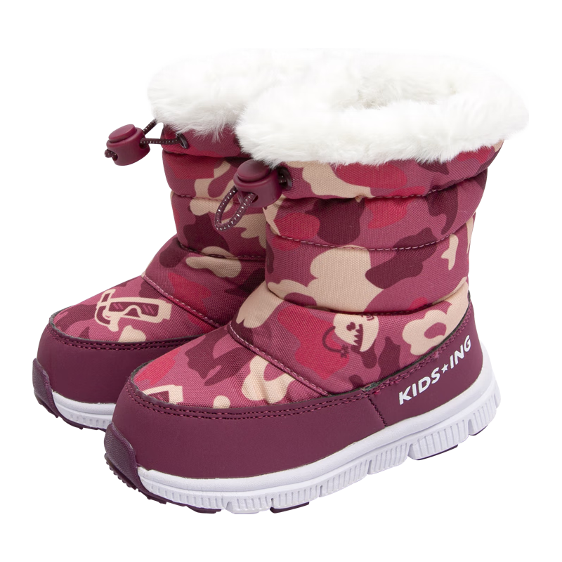 kids.ing可迪星女童雪地靴冬款女中大童迷彩鞋防滑保暖棉靴加绒加厚棉鞋 迷彩-红色