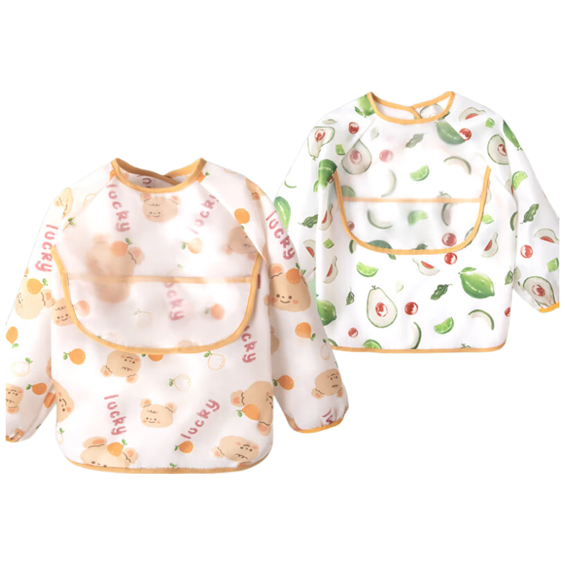 BabyCoupe儿童罩衣男童女宝宝吃饭围兜婴儿辅食饭兜防水反穿衣防溅衣2件装 牛油果+小熊（长袖）