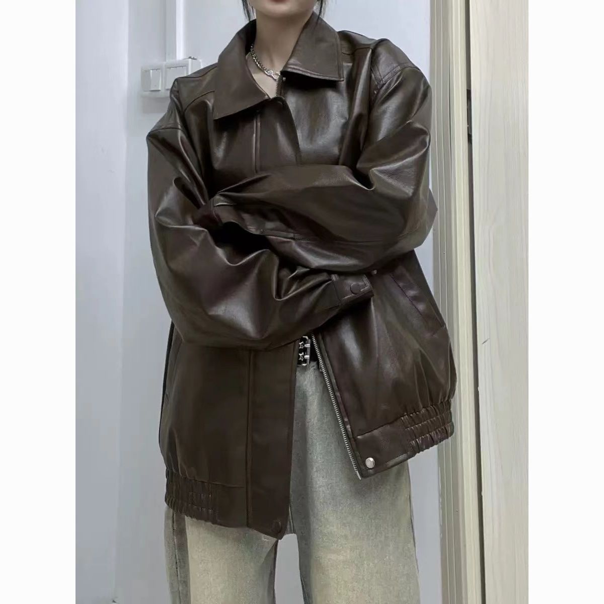 早秋季高级感翻领PU皮夹克皮衣外套男女宽松美式复古潮牌