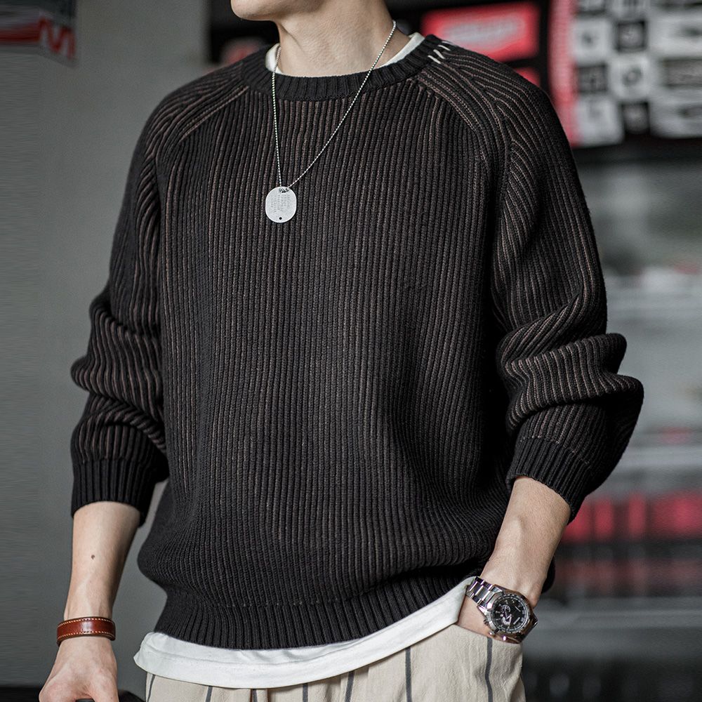 马登工装美式复古竖条纹织毛衣插肩袖圆领加厚打底针织衫男秋冬