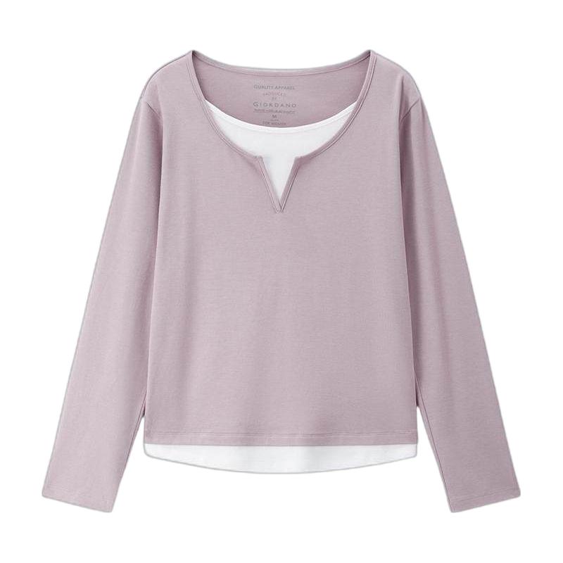 佐丹奴长袖T恤女秋冬纯棉叠穿风t恤衫撞色假两件上衣05325782