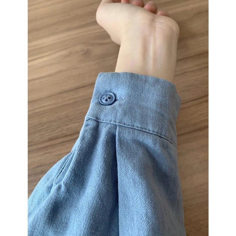 韩系蓝色纯棉衬衫韩版百搭2025简约通勤时尚女纯色衬衣长袖