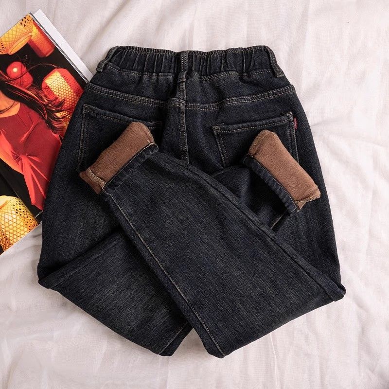 时尚松紧腰宽松大码小脚哈伦牛仔裤女秋冬季加绒加厚老爹裤子