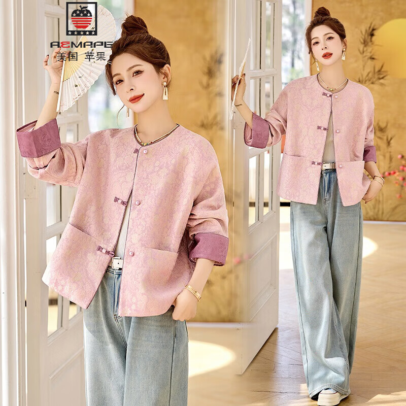 AEMAPE新中式国风提花刺绣外套女2025春提花刺绣小个子复古休闲唐装上衣 图片色