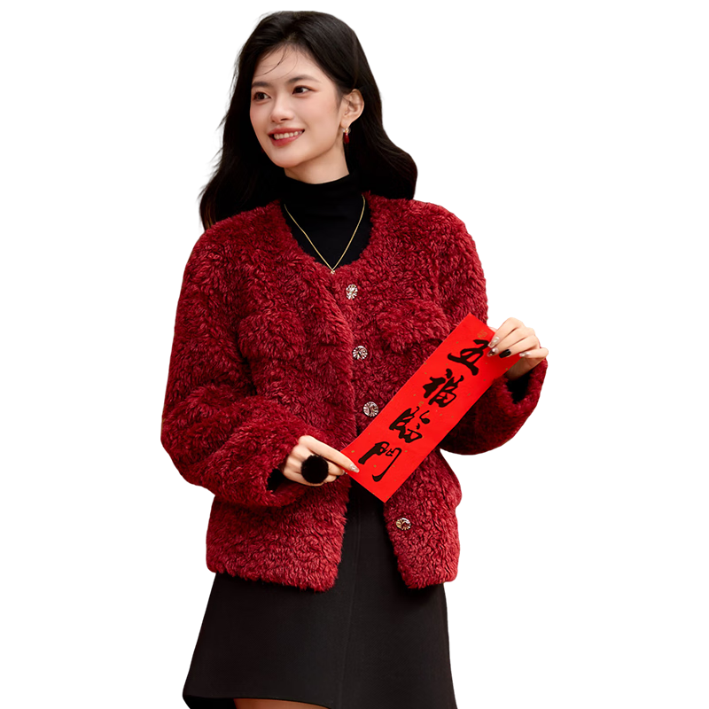 尚静外套女25冬新女装气质宽松圆领红色喜庆保暖舒适摇粒绒短外套上衣