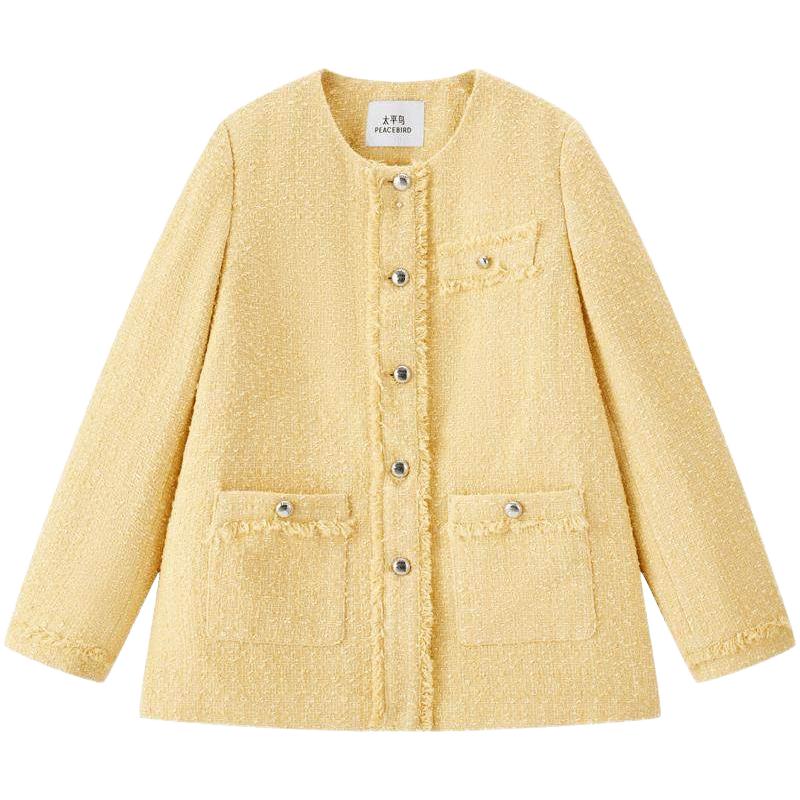 太平鸟绗棉小香风肌理外套箱型显瘦5%羊毛夹棉毛边小香风短外套女