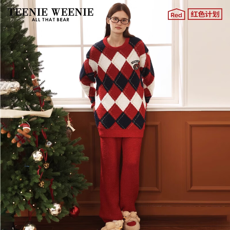 Teenie Weenie小熊睡衣女款2024圣诞装加厚保暖居家服套装韩版可爱格子长袖 红色菱格 均码