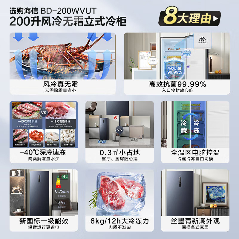 海信200L升立式冰柜风冷藏冻无霜一级能效大容量母乳储奶换新补贴