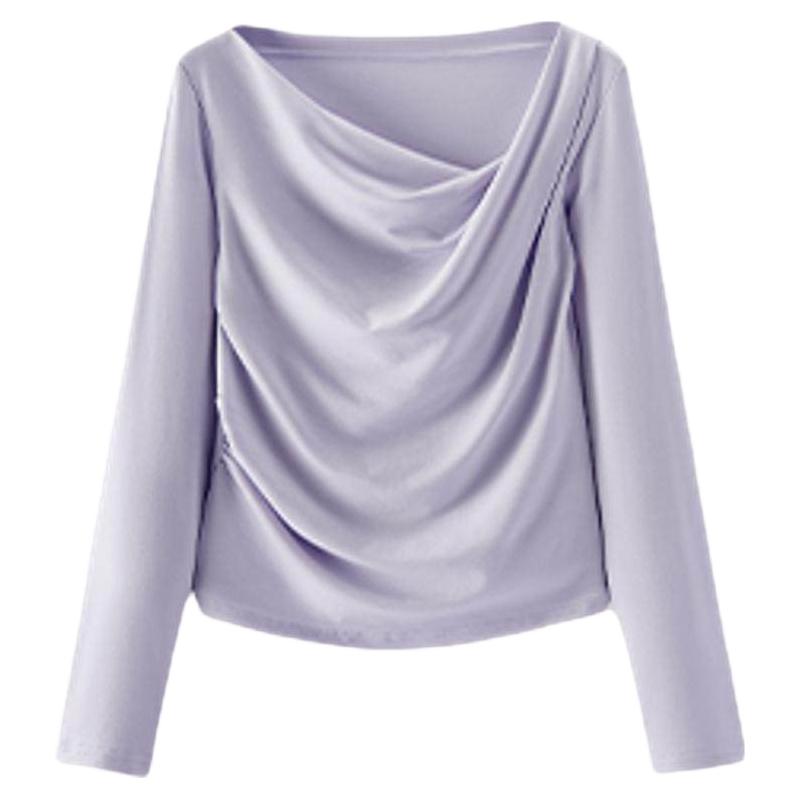 森马长袖T恤女春季短款不对称荡领斜肩露肩紧身纯色2026上衣