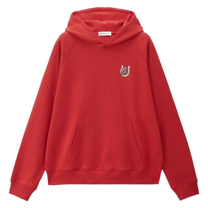 设计师款佐丹奴重磅马年刺绣宽松插肩连帽新年红色卫衣男18025202