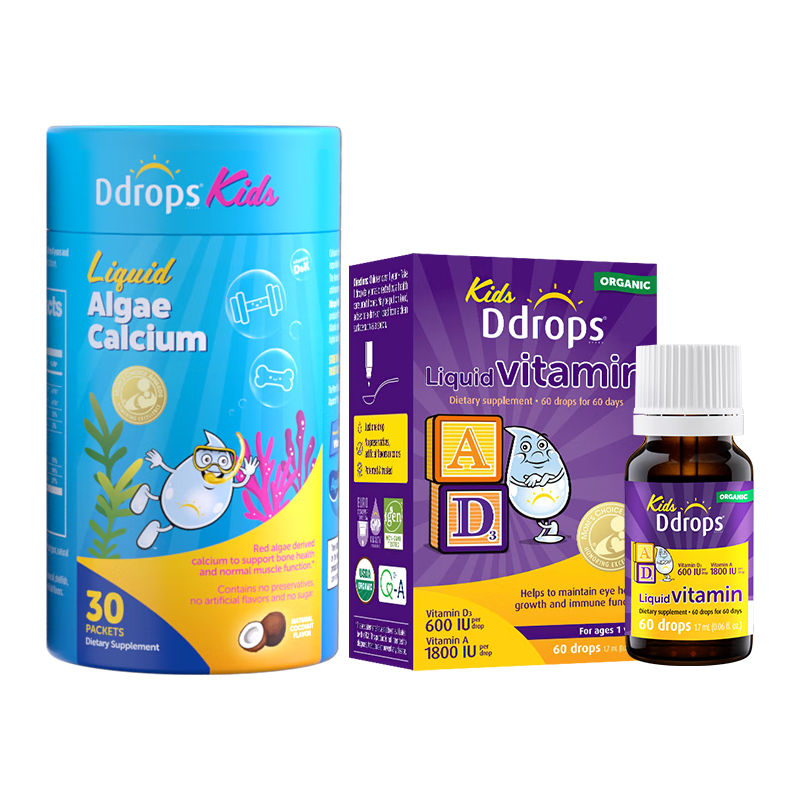 Ddrops滴卓思 婴幼儿童复合维生素ad 600iu 1.7ml+钙镁锌 30条/罐 【1-18岁套装】儿童ad+钙镁锌