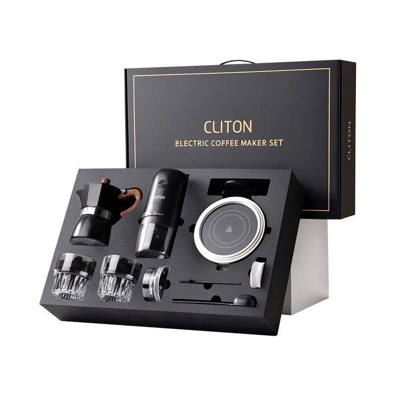  CLITON 便携 手冲咖啡壶套装+电动磨豆机+咖啡豆研磨机+便携咖啡机+意式摩卡壶
