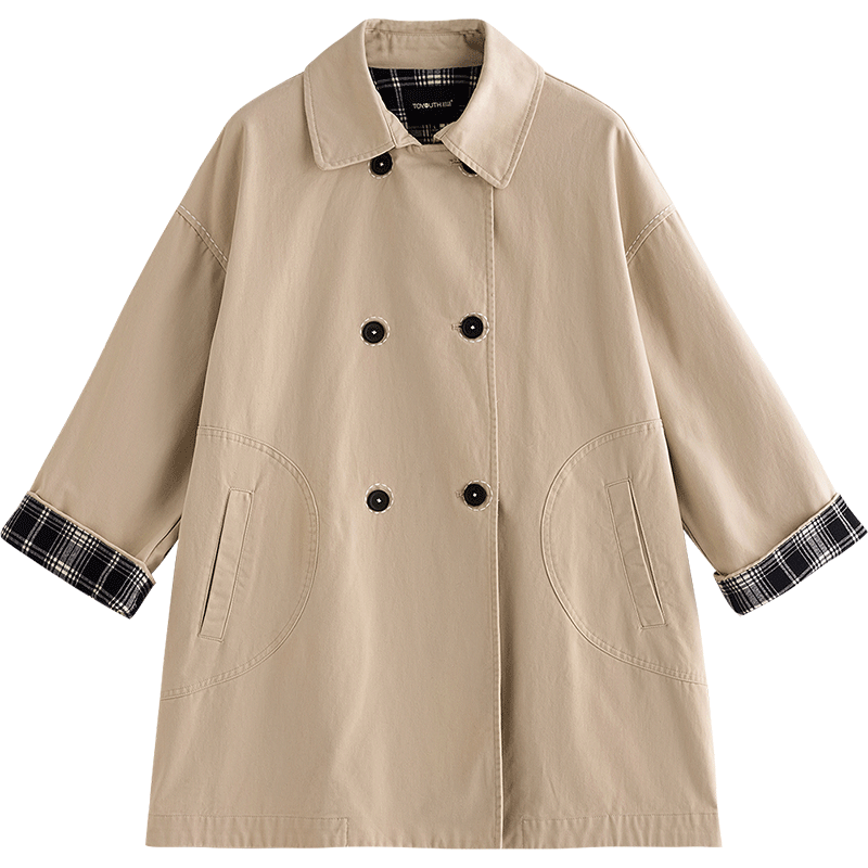 【通勤高级感】24秋唯品茧型挺括风衣女格纹翻袖小个子外套