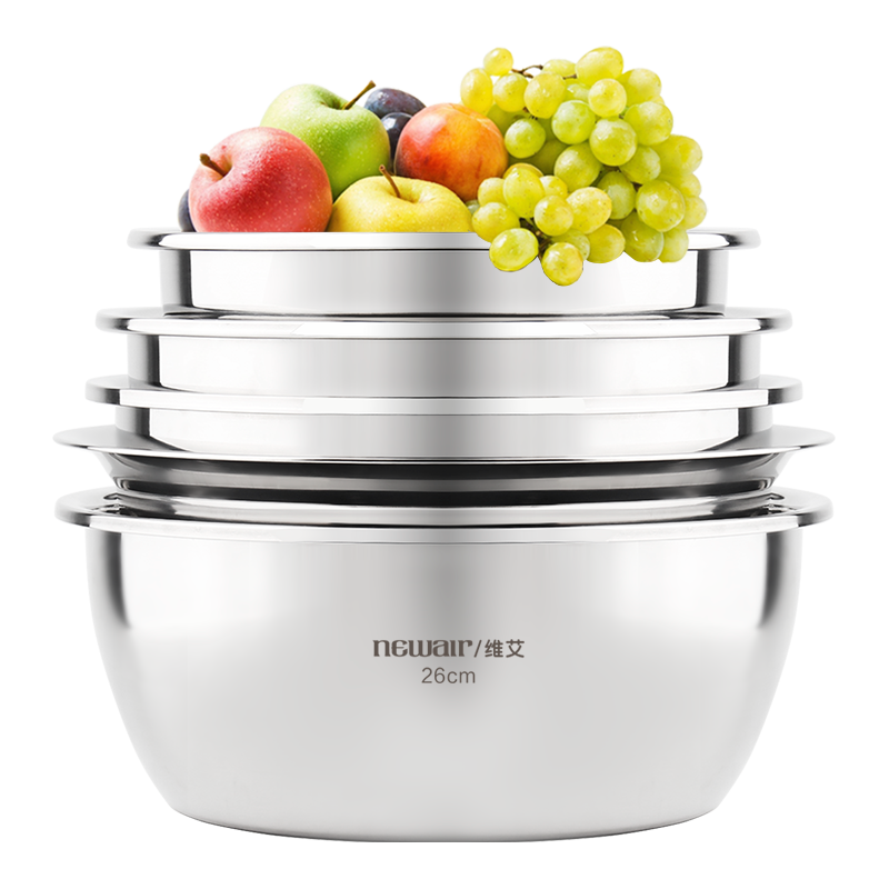 newair 维艾 不锈钢盆五件套装洗菜淘米和面调味打蛋盆 加大款 X161-D