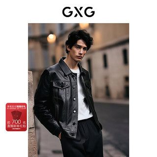 GXG男装 经典翻领皮衣短款百搭时尚休闲明线设计 春季新品 黑色