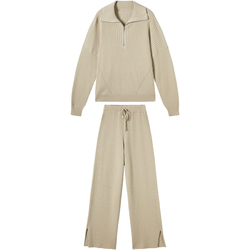 对白 春装含桑蚕丝绵羊毛针织毛衣直筒长裤两件套女式套装