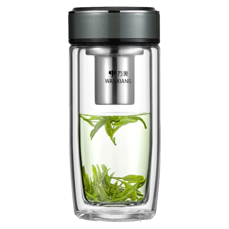WANXIANG 万象 ANXIANG 万象 双层弧形玻璃杯男女士带滤网水杯橄榄色350ml便携车载泡茶杯
