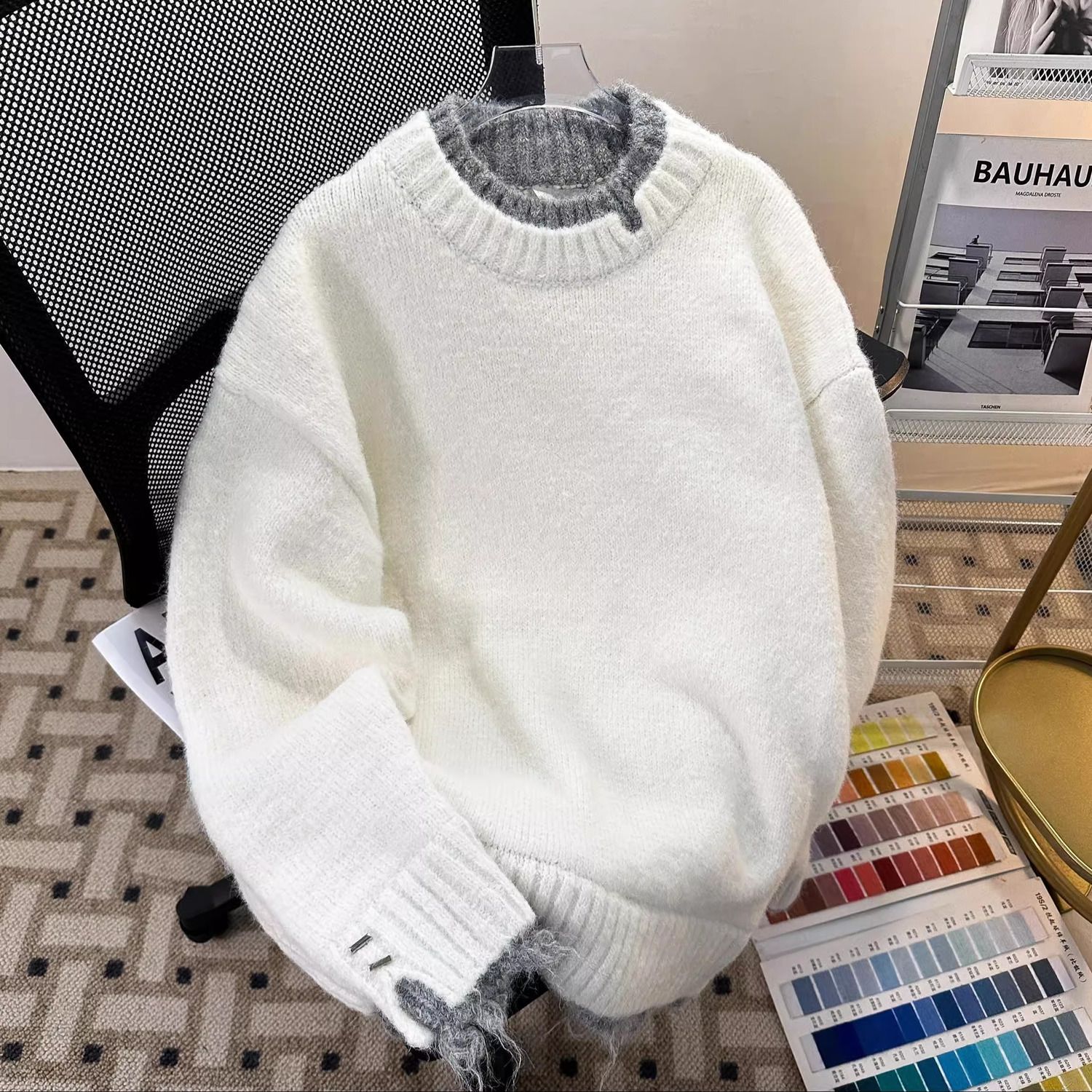 假两件手工剪破白色针织毛衫男慵懒风宽松韩系软糯高级感毛衣