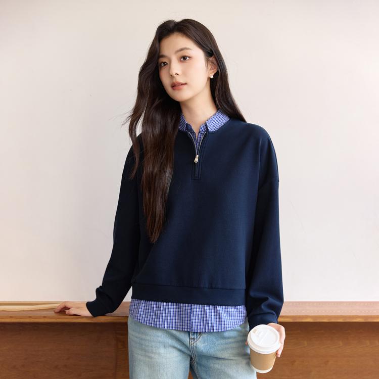 茵曼 撞色拼接假两件长袖T恤女2025年秋季学院风宽松显瘦上衣